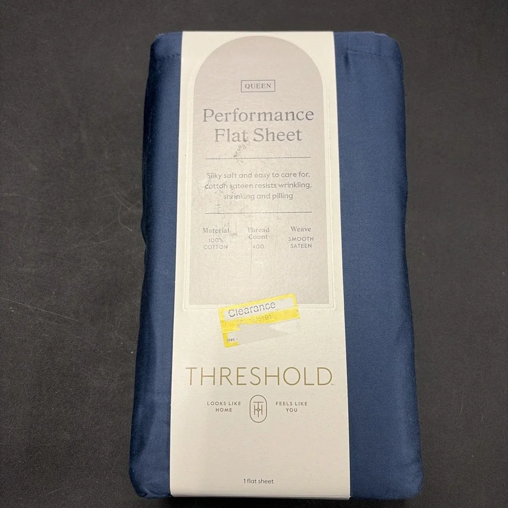 Threshold Performance Cotton Sateen QUEEN Flat Sheet Blue 400 TC Smooth 20599